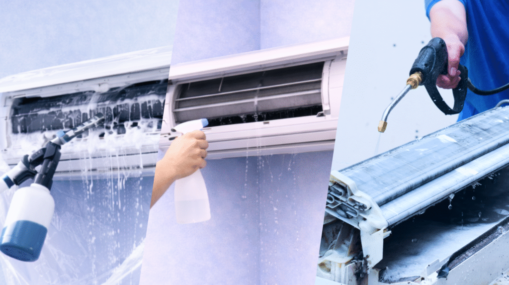Comparison of air conditioner cleaning methods showing standard AC cleaning chemical wash and chemical overhaul with different tools and techniques used to clean indoor units and coils.