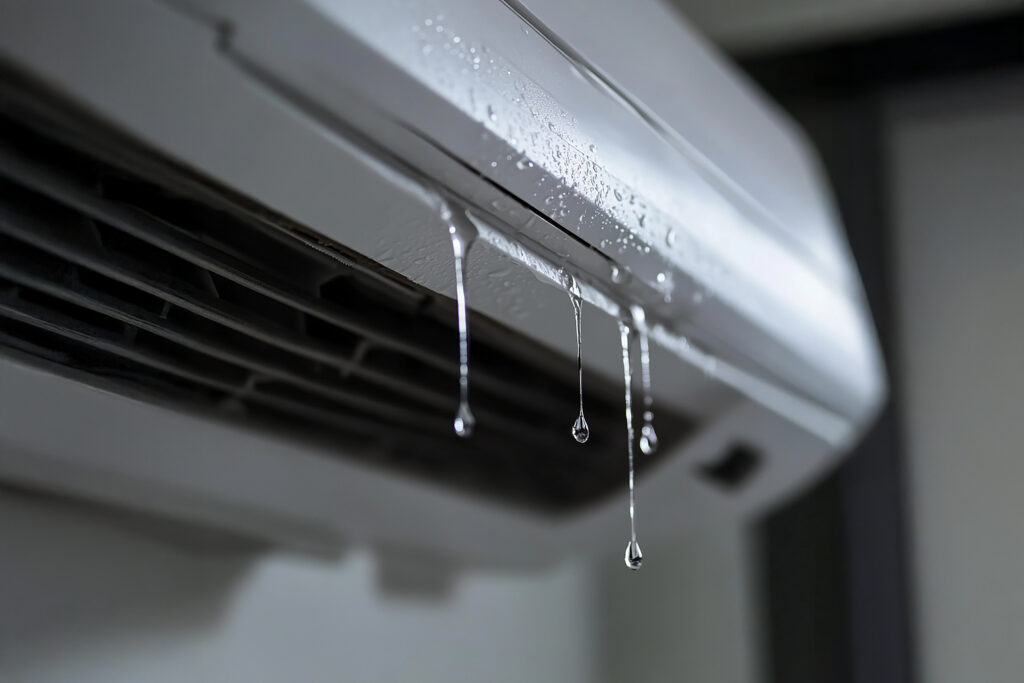 Water dripping from a wall-mounted air conditioner unit, illustrating common causes of aircon water leakage in HDB and condo units.