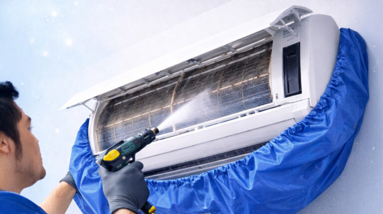 Technician performing aircon chemical wash with water spray, illustrating pros, cons, and maintenance frequency for home and office units by Peakcool.